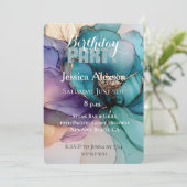 Goud Aqua Blauw Glitter Paarse Bloem Verjaardag Kaart (Staand voorkant)