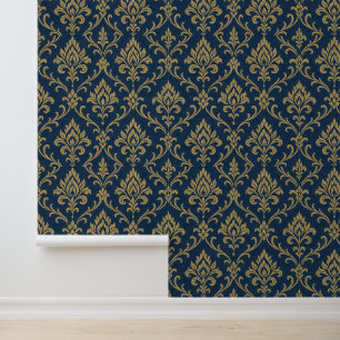 Goud Barok Bloemen Donkerblauw Behang
