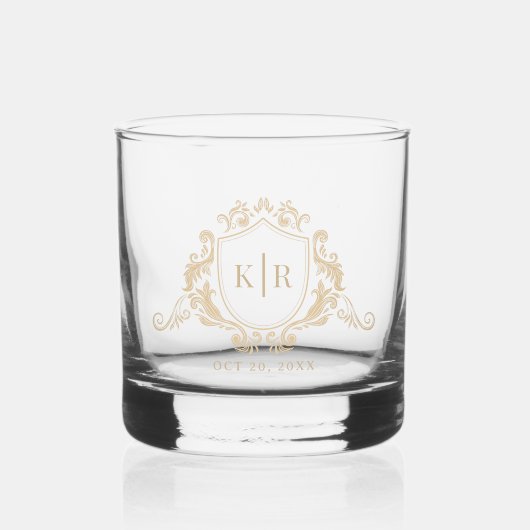 Goud Barok Crest Monogram Bruiloft Whisky Glas (Voorkant)