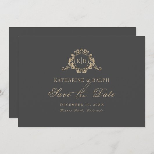 Goud Barok Crest Monogram Grijs Save the Date Kaart (Voorkant / Achterkant)