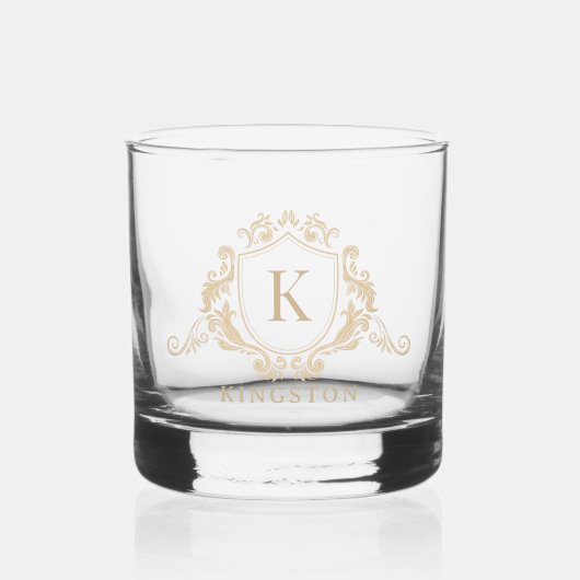 Goud Barok Crest Monogram Naam Whisky Glas (Voorkant)