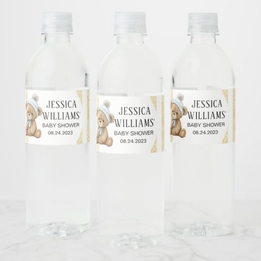 Goud beer met etiketten met ballonflesjes van baby (Flessen)