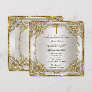 Goud Beige Parel Damast Kruis Doop/Doopsel Kaart