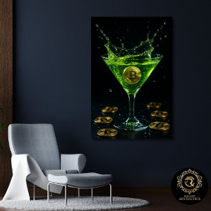 Goud Bitcoin Neon Groene Martini Ingelijst Canvas Afdruk