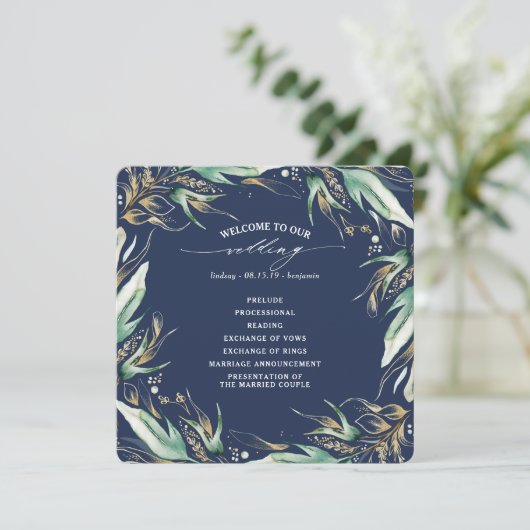 Goud bladeren groen marineblauw bruiloft programma (Staand voorkant)