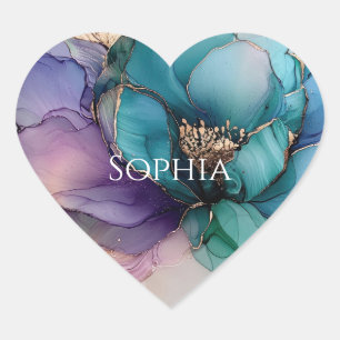 Goud Blauw Aqua Paarse Bloem Bruiloft Feest Hart Sticker