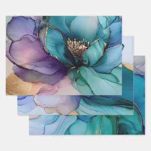 Goud Blauw Aqua Paarse Bloem Bruiloft Feest Inpakpapier Vel