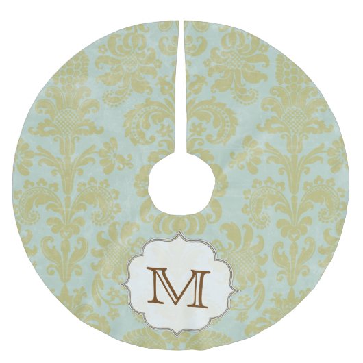 Goud Blauw Damast Kant Monogram Initiaal Boom Rok Kerstboom Rok (Voorkant)