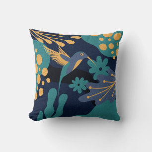 goud, blauw en turquoise kolibrie kussen