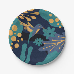 goud, blauw en turquoise kolibrie papieren bordje