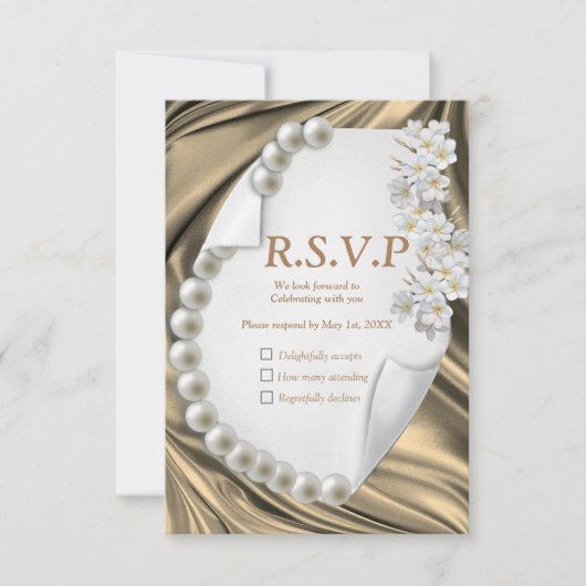 Goud, blauw, groen Ivory-zijde en parels RSVP Kaartje (Voorkant)
