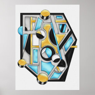 Goud & Blauw Hedendaagse Geometrische Abstractie Poster