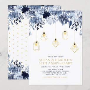 Goud & Blauw Lichten, Bloemachtige Huwelijksverj Kaart