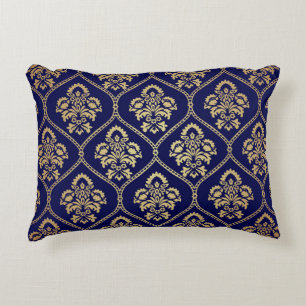 Goud & Blauw: Luxe Damask Accent Kussen