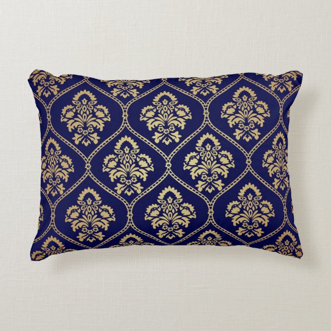 Goud & Blauw: Luxe Damask Accent Kussen (Voorkant)