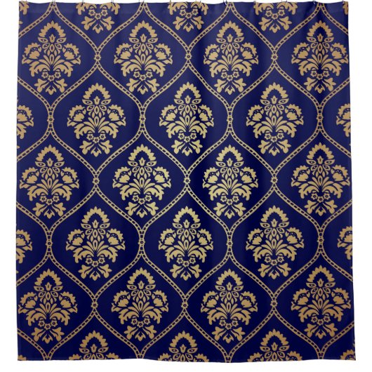 Goud & Blauw: Luxe Damask Douchegordijn (Voorkant)