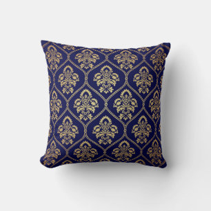 Goud & Blauw: Luxe Damask Kussen