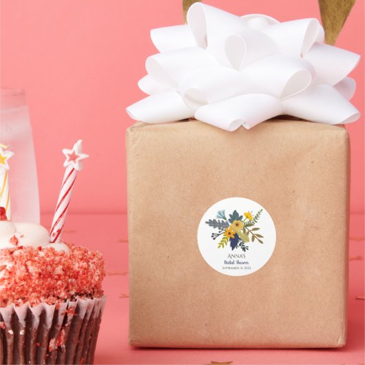 Goud, blauw, paars boeket van zomerbloemen ronde sticker (Feest)