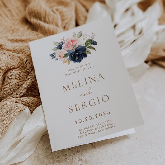 Goud blauw roze bloemen gevouwen bruiloft programma