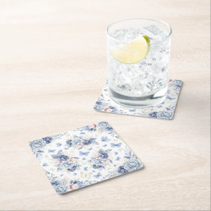 Goud & Blauw Vlinders Jongen Baby shower Vierkante Kartonnen Onderzetter