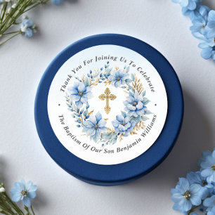 Goud & Blauw Waterverf Bloemen Doop Dank u Ronde Sticker