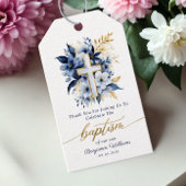 Goud & Blauw Waterverf Bloemen Jongen Doop Cadeaulabel