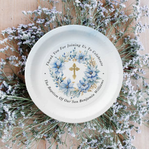 Goud & Blauw Waterverf Bloemen Jongen Doop Papieren Bordje