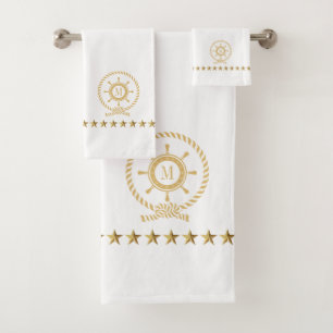 Goud Blauw Wit Nautische Boot Wiel Knoop Monogram Bad Handdoek
