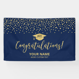 Goud & Blauwe Confetti Felicitaties Afstuderen Spandoek