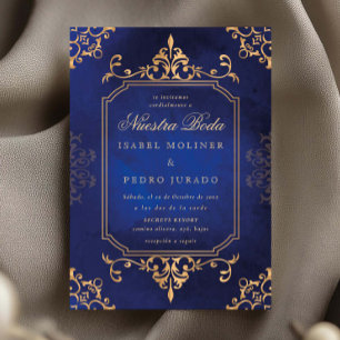 Goud & Blauwe Ornament Versleten Nuestra Boda Trou Kaart