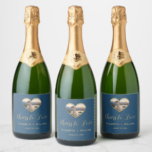 Goud & Blauwe Stip Persoonlijke Trouwdag Sparkling Wijnetiket