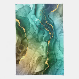 Goud, Blauwgroen en donkergrijs vloeibare inkt Theedoek