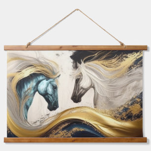 Goud Blauwgroen Paarden Abstract Modern Olieverfsc Hangend Wandkleed