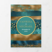 Goud, blauwgroen penseelstreken, confetti trouwpro drieluik uitnodiging (Cover)