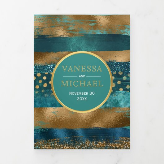 Goud, blauwgroen penseelstreken, confetti trouwpro drieluik uitnodiging (Cover)