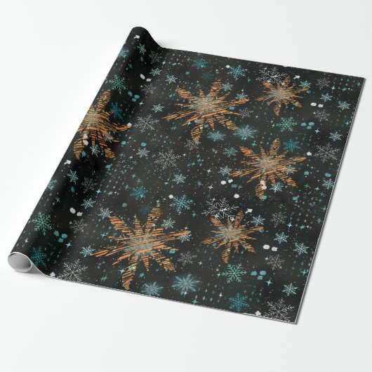 Goud Blauwgroen Snowflake Christmas Wrapping papie Cadeaupapier (Uitgerold)
