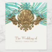 Goud & Blauwgroen Zee Shell Glam Beach Wijnlabels Wijn Etiket (Enkel label)