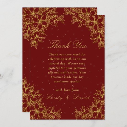 Goud Bloemen Bruiloft Bedankkaart (Voorkant / Achterkant)