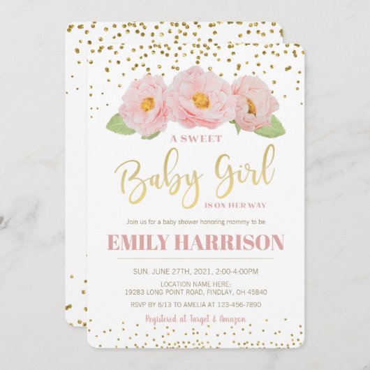 Goud Bloemen Elegant Sweet Baby Meisje Douche Kaart (Voorkant / Achterkant)