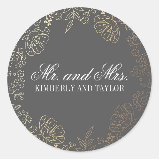 Goud Bloemen Grijs Bruiloft Monogram Ronde Sticker (Voorkant)