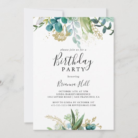 Goud Bloemen Tropisch groen Verjaardagsfeest Kaart (Voorkant)