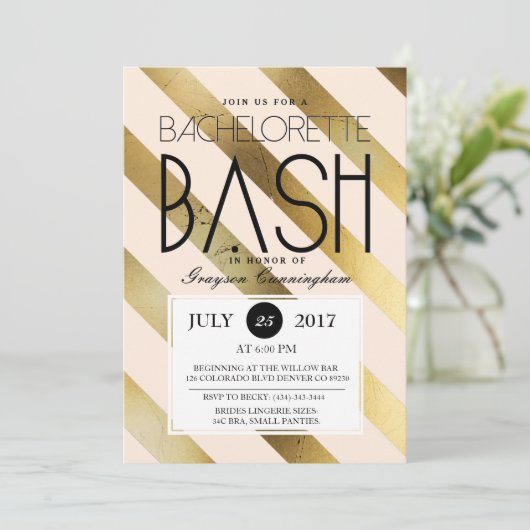 Goud & Blush Bachelorette Bash | Uitnodigen voor f Kaart (Staand voorkant)