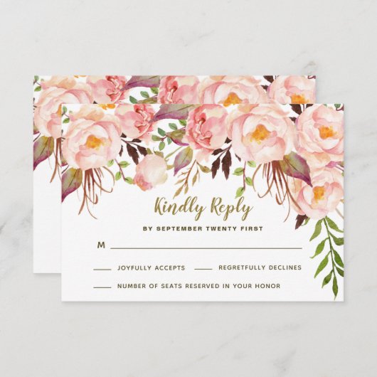  Goud Blush Roze Pioen Bruiloft RSVP Kaarten (Voorkant / Achterkant)