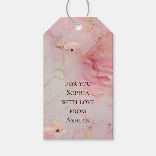 Goud Blush Roze Vogels Baby Shower Cadeaulabel (Voorkant)