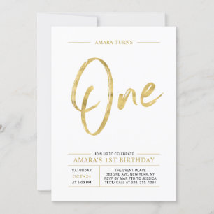 Goud   Borstel Lettering Eén 1e Verjaardagsfeestje Kaart