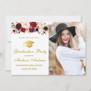 Goud Bourgogne Bloemen Foto Graduatie Party Uitnod Kaart