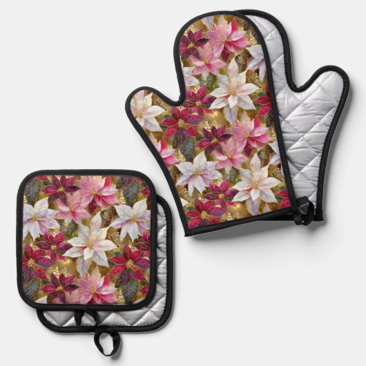 Goud Bourgogne Brons Roze Rood Wit Poinsettia Ovenwant & Pannenlap Set (Voorkant / Achterkant)