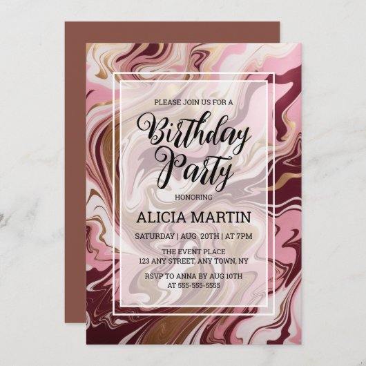 Goud Bourgogne Roze Marmeren Vloeistof Verjaardags Kaart (Voorkant / Achterkant)