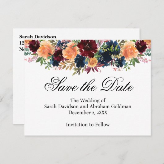 Goud Bourgogne Wijn Navy Blauw Save the Date Briefkaart (Voorkant / Achterkant)