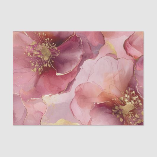 Goud Bourgondi Roze Roze Bloemen Bruiloft Tissuepapier (Voorkant)